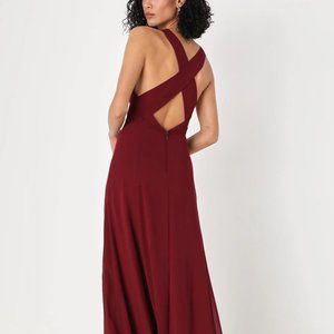 Lulus MAXI DRESS NEW W/Tag Dignified Diva Burgundy Open Cross Back High Slit